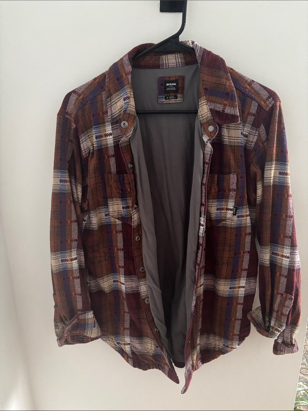 Prana Men's Plaid Shacket in Burgundy, Brown & Cream